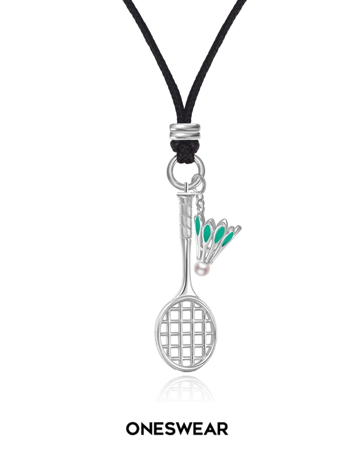 ONESWEAR Badminton Racquet & Shuttlecock Cord Necklace (White-Gold Vermeil)